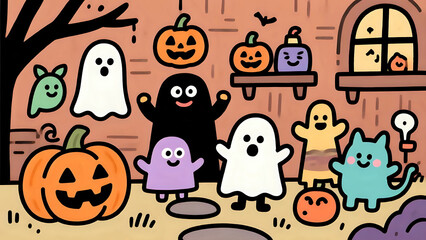 Playfull Halloween Ghost And Pumpkins In A Spooky Cartoon Scene