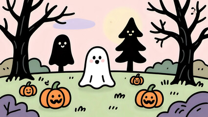 Cute Ghost And Pumpkins In A Spooky Autumn Landscape