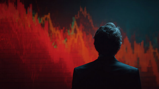 A man viewed from behind studies a glowing holographic stock market graph, symbolizing financial analysis, strategy, data insight, and futuristic business intelligence.