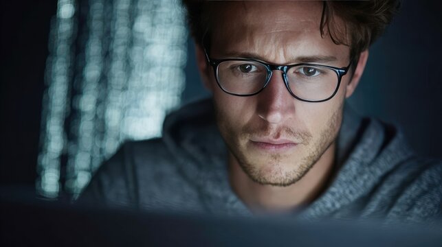 Focused Young Man Working Late on Computer Wearing Glasses in Dimly Lit Room