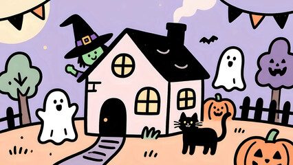Cute Halloween Night With Witch, Ghost, And Black Cat