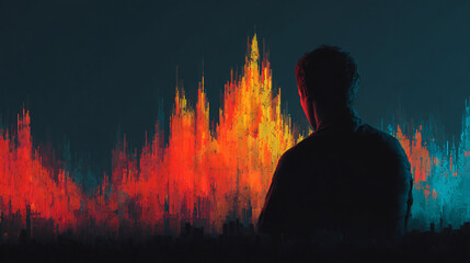 A man viewed from behind studies a glowing holographic stock market graph, symbolizing financial analysis, strategy, data insight, and futuristic business intelligence.
