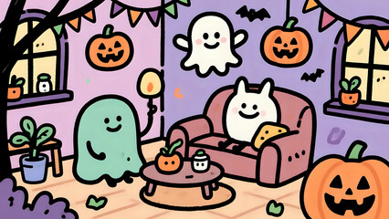 Friendly Ghost Celebrating Halloween In A Cozy Room