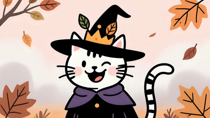 Cute Halloween Cat With Witch Hat And Fall Foliage