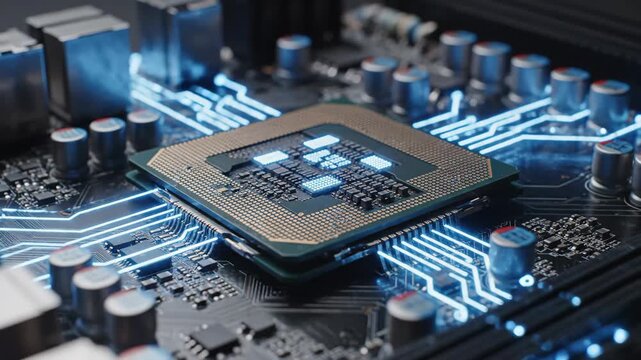 Close-up of a Glowing Computer Processor on a Motherboard - A detailed macro shot of a computer processor placed on a motherboard, highlighted by glowing blue circuitry.