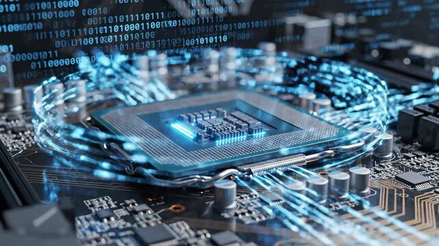 Futuristic Computer Processor with Data Stream - A close-up shot of a computer processor, illuminated with glowing blue lines, representing data flow and binary code in the background.