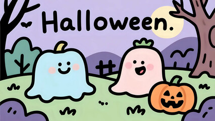 Cute Halloween Ghost And Pumpkin In A Spooky Landscape