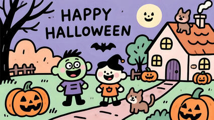 Cheerful Halloween Night With Costumed Kids And Pumpkins