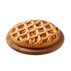 Golden brown lattice top apple pie on a wooden board with a transparent background dusted with powdered sugar perfect for a bakery or dessert advertisement