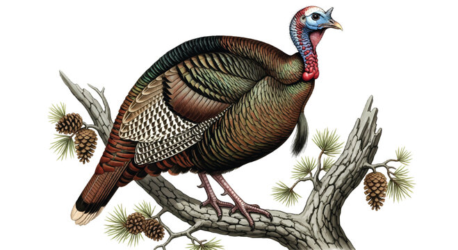 Detailed Wild Turkey Vector Illustration Realistic Bird on a Pine Branch