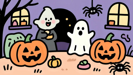 Playful Halloween Night With Friendly Ghost And Pumpkins