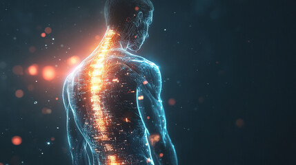 Back view of a transparent human body with glowing digital circuits revealing cybernetic anatomy representing futuristic technology, bioengineering, digital human, and sci-fi medical visualization