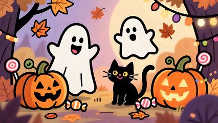 Cute Halloween Celebration With Friendly Ghosts And Pumpkins