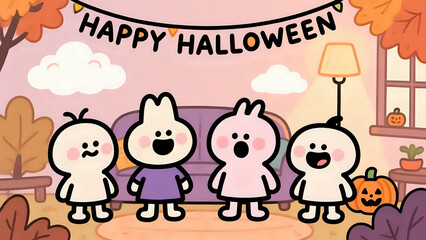 Happy Halloween Gathering of Cute Blob Characters