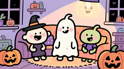 Cozy Halloween Party With Adorable Cartoon Friends