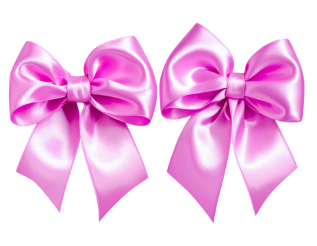  Set of Two Glossy Pink Ribbon Bows with Soft Shadows, isolated on a transparent background PNG