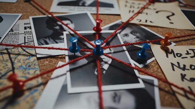 Detective's Evidence Board with video and Pins - A detailed view of a detective's evidence board featuring black and white video connected by red string.