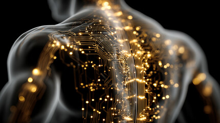 Back view of a transparent human body with glowing digital circuits revealing cybernetic anatomy representing futuristic technology, bioengineering, digital human, and sci-fi medical visualization