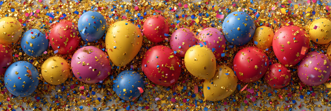 Celebration banner with gold confetti and balloons