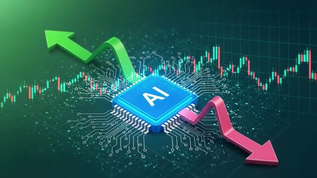 Ai chip with upward and downward arrows and stock market graph