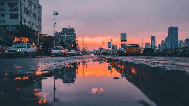 Colorful puddle reflecting city lights at dusk