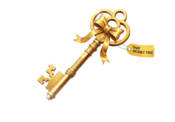 Ornate golden antique key with ribbon and tag isolated on transparent background