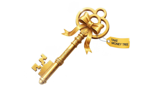 Ornate golden antique key with ribbon and tag isolated on transparent background