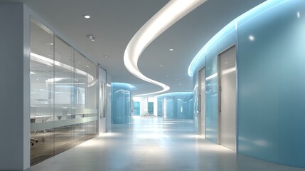 Naklejka premium Modern office interior with glass walls, bright natural light, minimalist design, and polished floor, ideal for business and corporate settings.