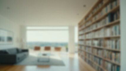 Blured background of bookshelf in living room with modern theme without any human, bright light.
