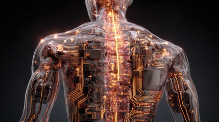 Back view of a transparent human body with glowing digital circuits revealing cybernetic anatomy representing futuristic technology, bioengineering, digital human, and sci-fi medical visualization