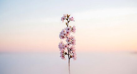 Minimalist natural fine art scene, single blooming branch of cherry blossom emerging from soft mist, pastel background.