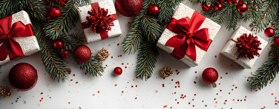 Christmas fir branches, gift boxes with red ribbon, red decoration, sparkles and confetti on white background. Xmas and New Year greeting card, winter holiday. Flat lay, top view