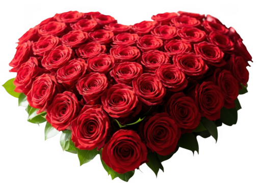 Abundant heart shaped bouquet of vibrant red roses isolated on transparent background