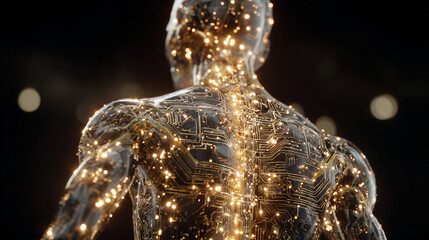 Back view of a transparent human body with glowing digital circuits revealing cybernetic anatomy representing futuristic technology, bioengineering, digital human, and sci-fi medical visualization