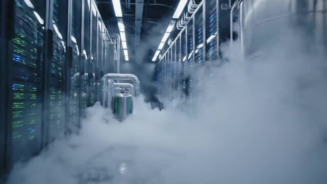 Frosty Data Center Interior with Dense Fog - A data center corridor filled with dense fog, showcasing rows of server racks lined with LED lights.