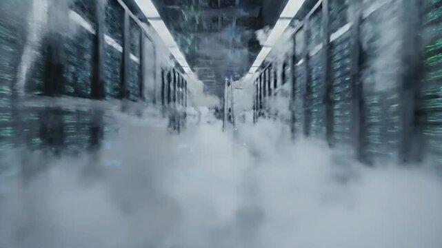 Frost-Covered Data Center Cooling System - This video shows a close-up of a data center cooling system with frost-covered pipes, emitting cold vapor.