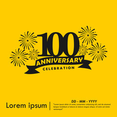 100th years anniversary celebration emblem. anniversary logo isolated with ribbon and fireworks, sparkler on yellow background. vector illustration template design for web