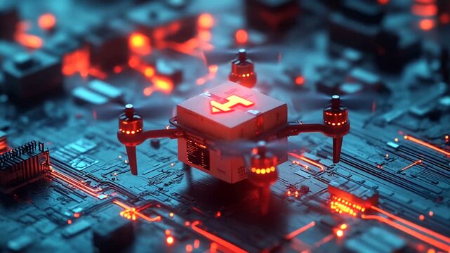 Futuristic drone hovering above a circuit board landscape
