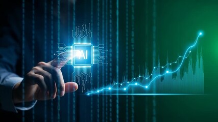 Hand touching ai chip with upward trending graph and binary code - Powered by Adobe