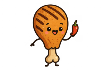 Cute cartoon grilled chicken leg, kawaii style, happily holding a red chili pepper, representing delicious and spicy food