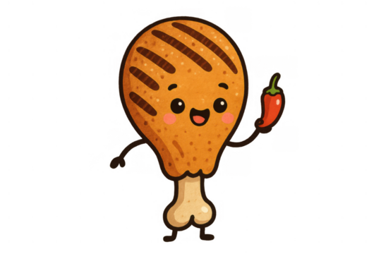 Cute cartoon grilled chicken leg, kawaii style, happily holding a red chili pepper, representing delicious and spicy food