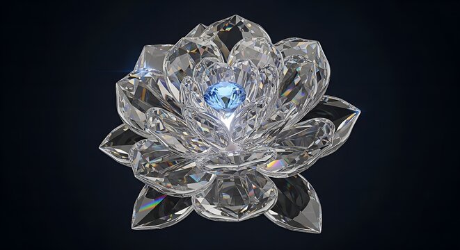 Elegant Faceted Crystal Lotus Flower with Blue Gemstone Centerpiece Ornament - Powered by Adobe