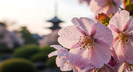 Ultra close up of delicate cherry blossom petals with dewdrops in soft morning light and minimalist Japanese garden background
