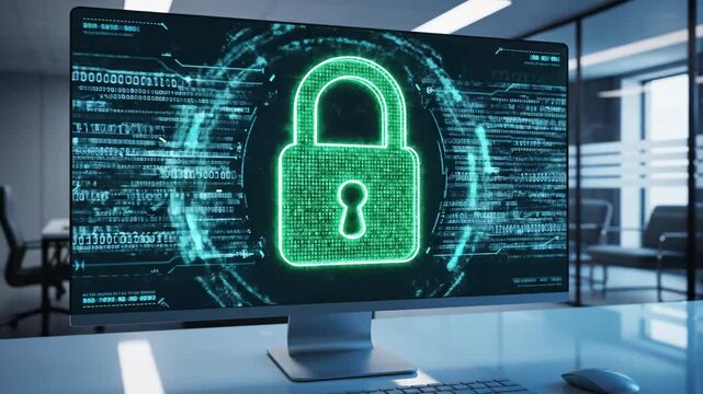 Cyber Security Concept Displayed on Computer Monitor - A computer monitor displays a digital representation of a lock with data code around it.