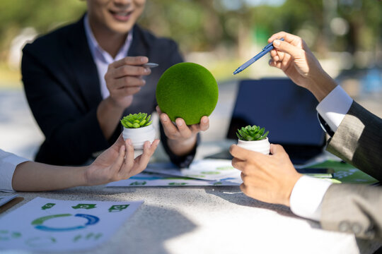 Business team discussing sustainability and green environmental strategies