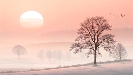 Leafless Tree in Misty Winter Landscape at Sunrise – Rolling Hills, Flying Birds, Pink Sky Glow, Peaceful Nature Scene, Conceptual