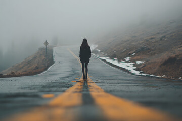 A lone figure walks into the mist on a winding mountain road