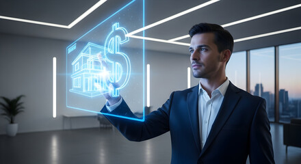 Businessman interacting with holographic real estate and finance display. Future property investment technology.