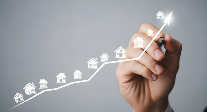 Hand drawing real estate market growth graph with increasing house icons. Property investment and value appreciation concept.