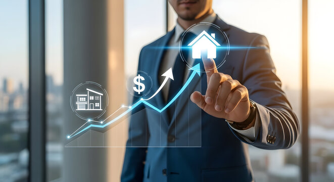 Professional touching a glowing house icon on a rising real estate market graph, symbolizing property investment and growth.